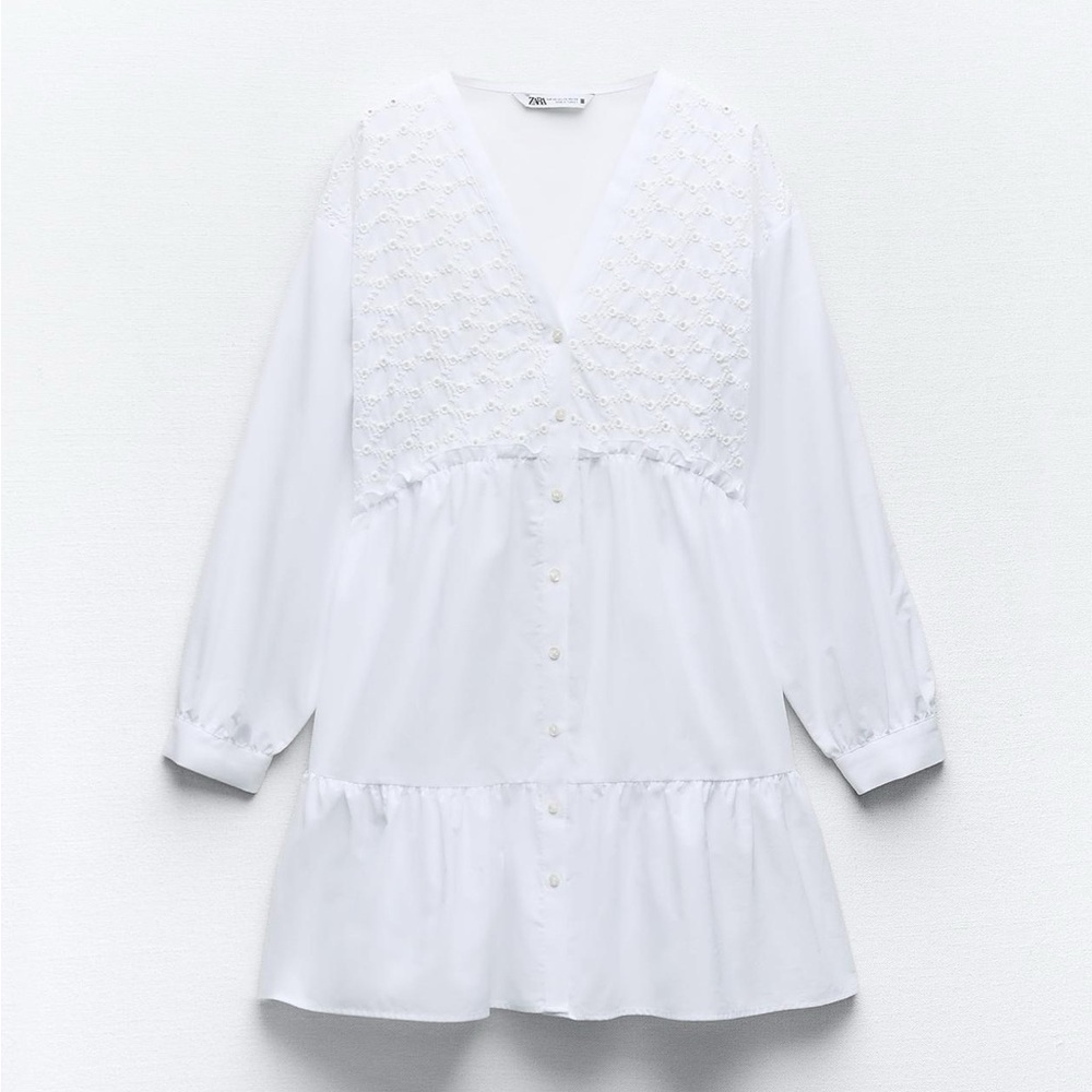 Zara Embroidered Poplin White Eyelet Mini Dress size M. Like new